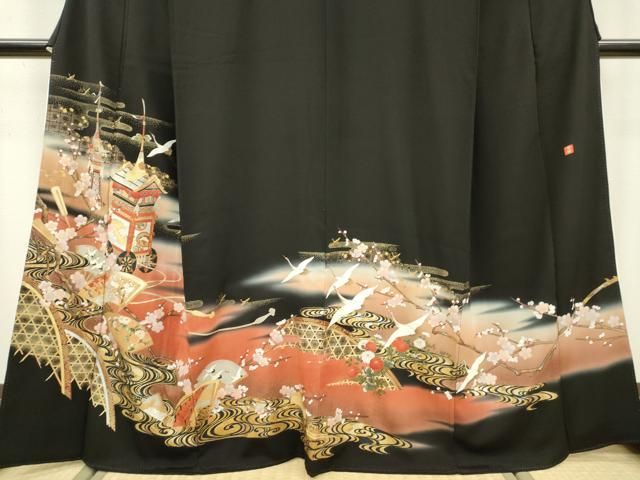 平和屋着物□豪華黒留袖 作家物 刺繍 飛鶴扇面山車花文 暈し染め 金彩