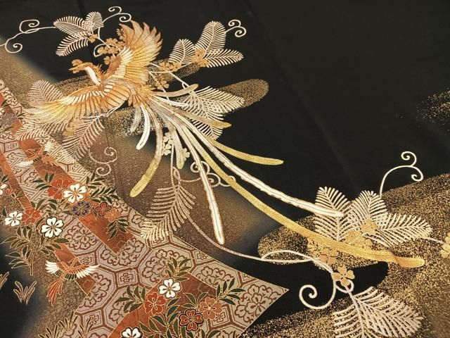 平和屋着物□豪華黒留袖 駒刺繍 鳳凰花文 金彩 正絹 逸品 AABD9011oa