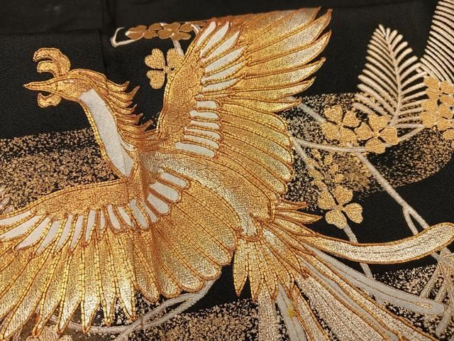 平和屋着物□豪華黒留袖 駒刺繍 鳳凰花文 金彩 正絹 逸品 AABD9011oa