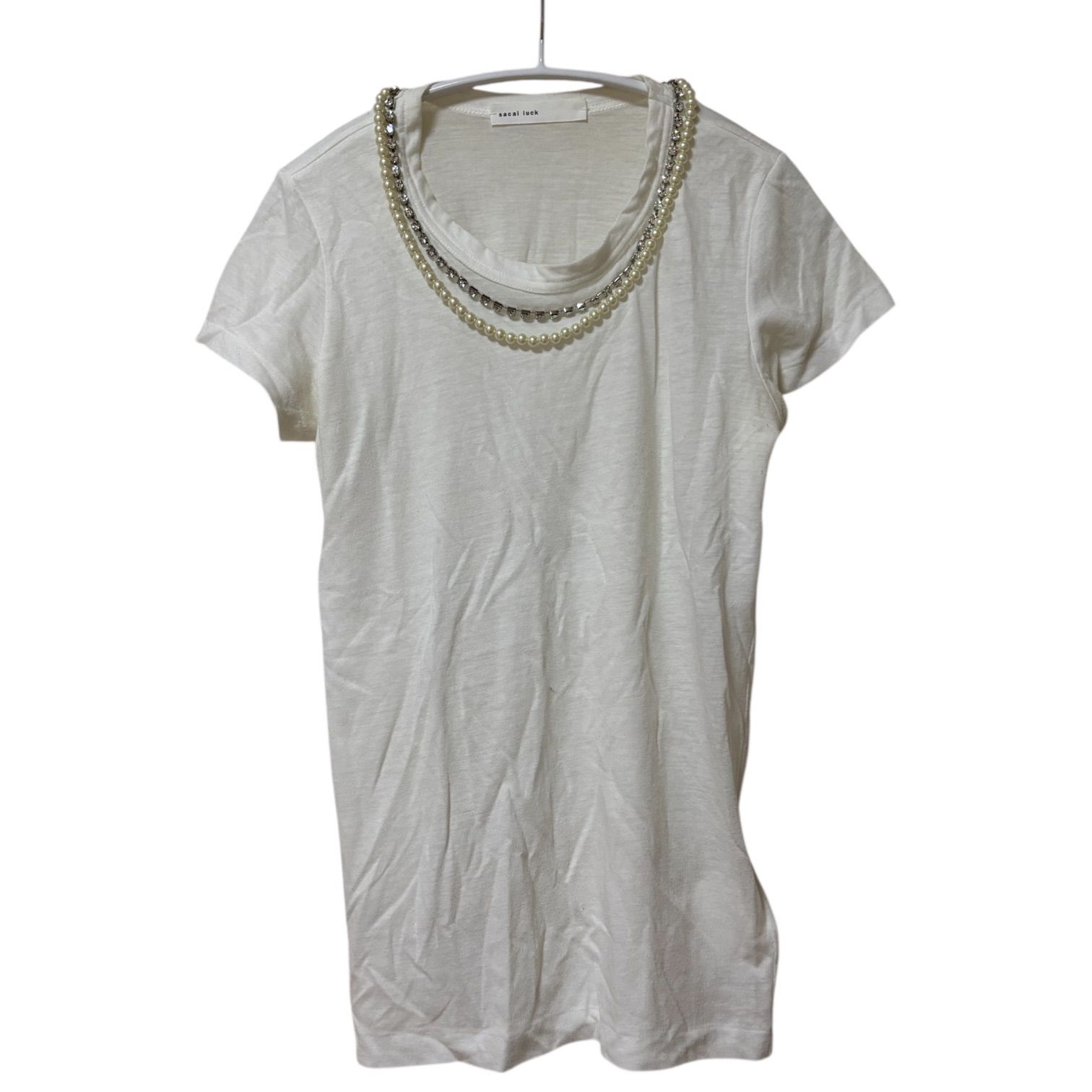 ZM1632 sacai luck サカイラック 半袖Tシャツ ビジュー付き リネン混 