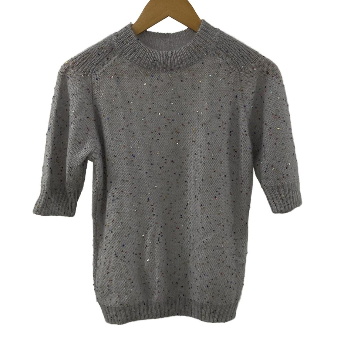 BLAMINK ブラミンク 七分袖セーター サイズ38 M レディース ライトブルー マルチ ハイネック スパンコール フラワー 花