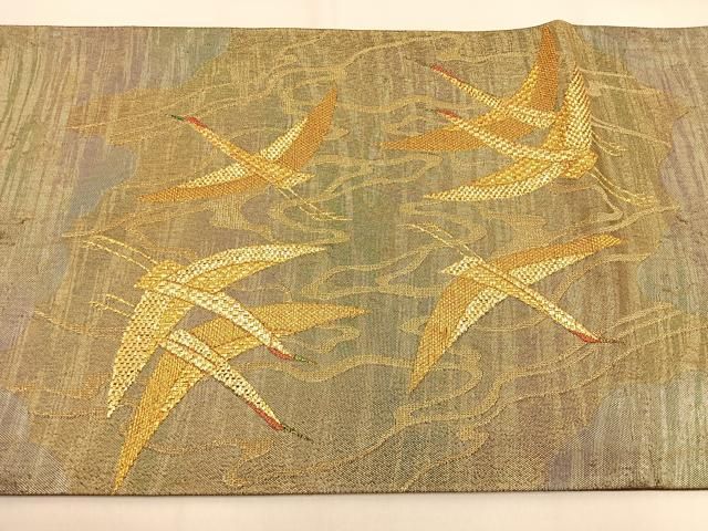 平和屋着物◎六通柄袋帯 絢錦 飛鶴花文 金銀糸 正絹 逸品 BAAW0036hj