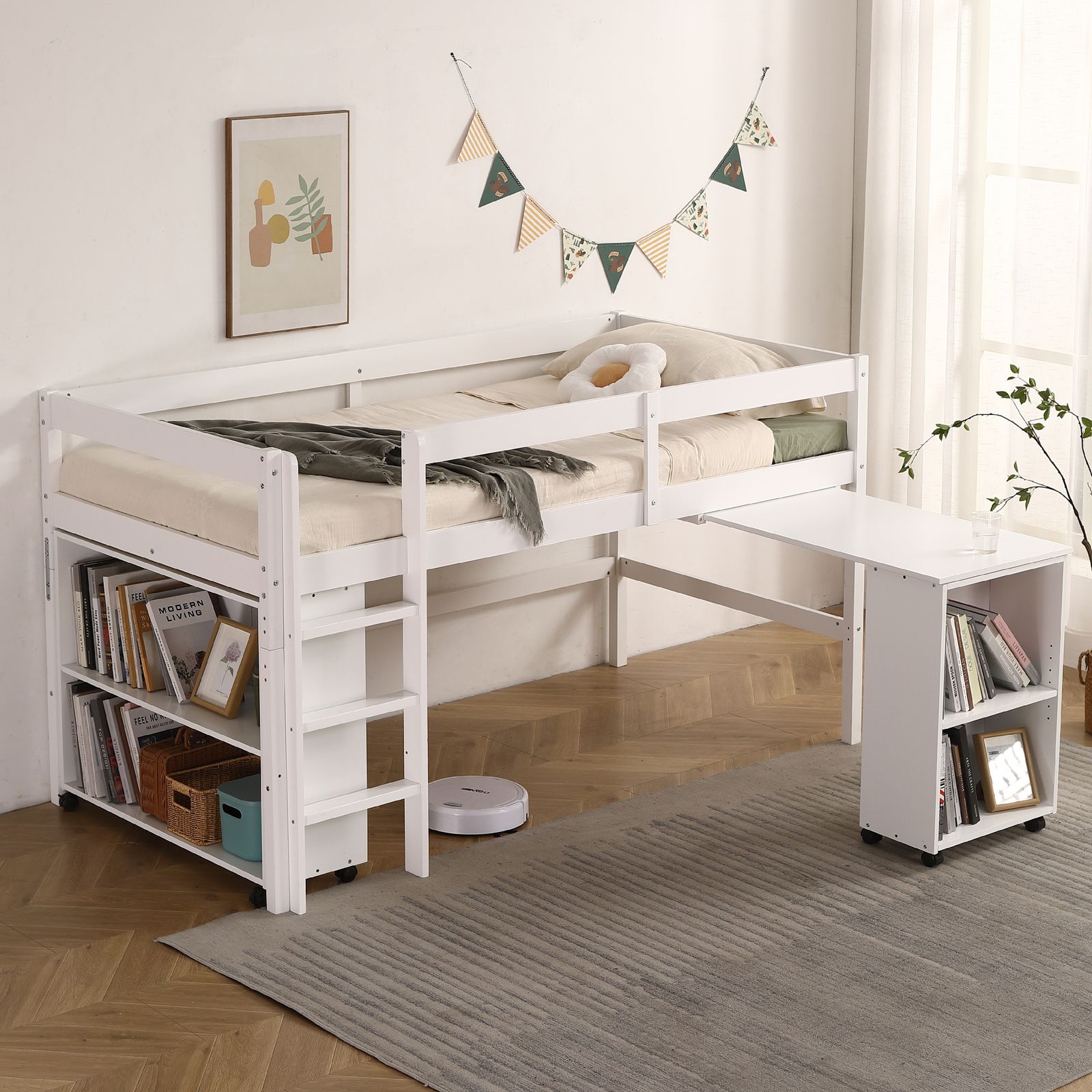 数量限定！高機能システムベッドデスク 本棚 机付き 学習机 カーキ+ホワイト 楽天市場】【365日間品質保証】システムベッド ロフトベッド 階段付き