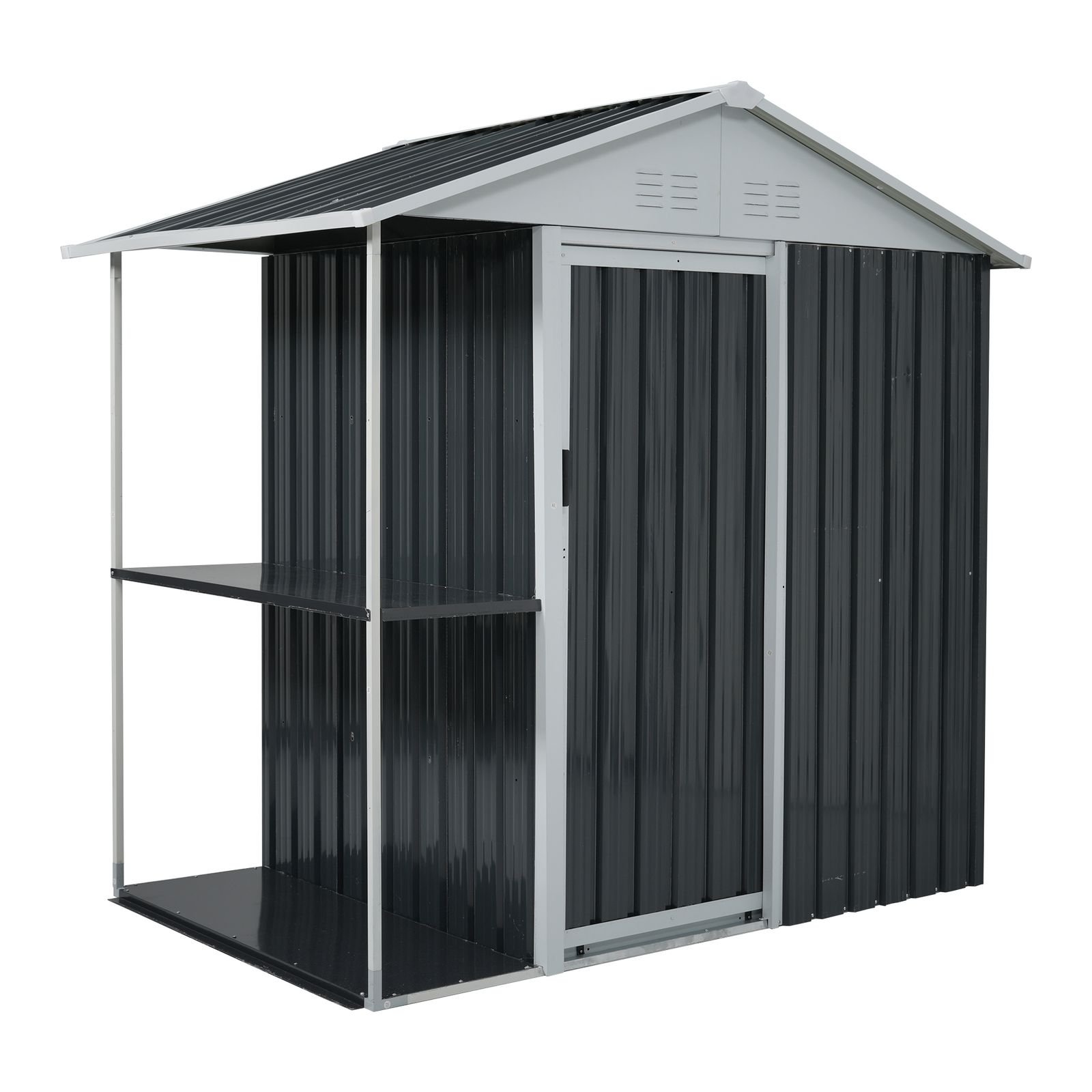 数量 収納ラック付き 物置 屋外 スチール 倉庫 戸外収納庫 W 193 D 130 H 189 cm 物置き おしゃれ 大型 収納庫 屋外物置 防さび ベランダ 防水 ドア スチール物置 屋外収納 ガーデニング 庭 ブラック
