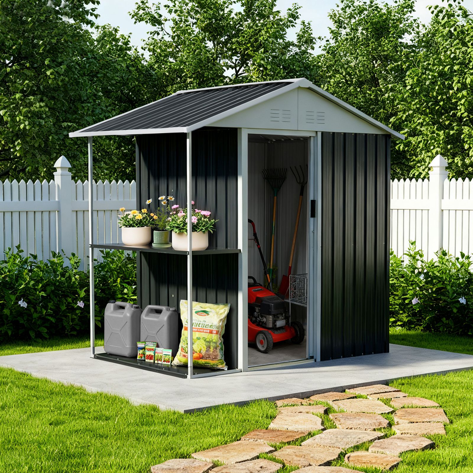 数量 収納ラック付き 物置 屋外 スチール 倉庫 戸外収納庫 W 193 D 130 H 189 cm 物置き おしゃれ 大型 収納庫 屋外物置 防さび ベランダ 防水 ドア スチール物置 屋外収納 ガーデニング 庭 ブラック