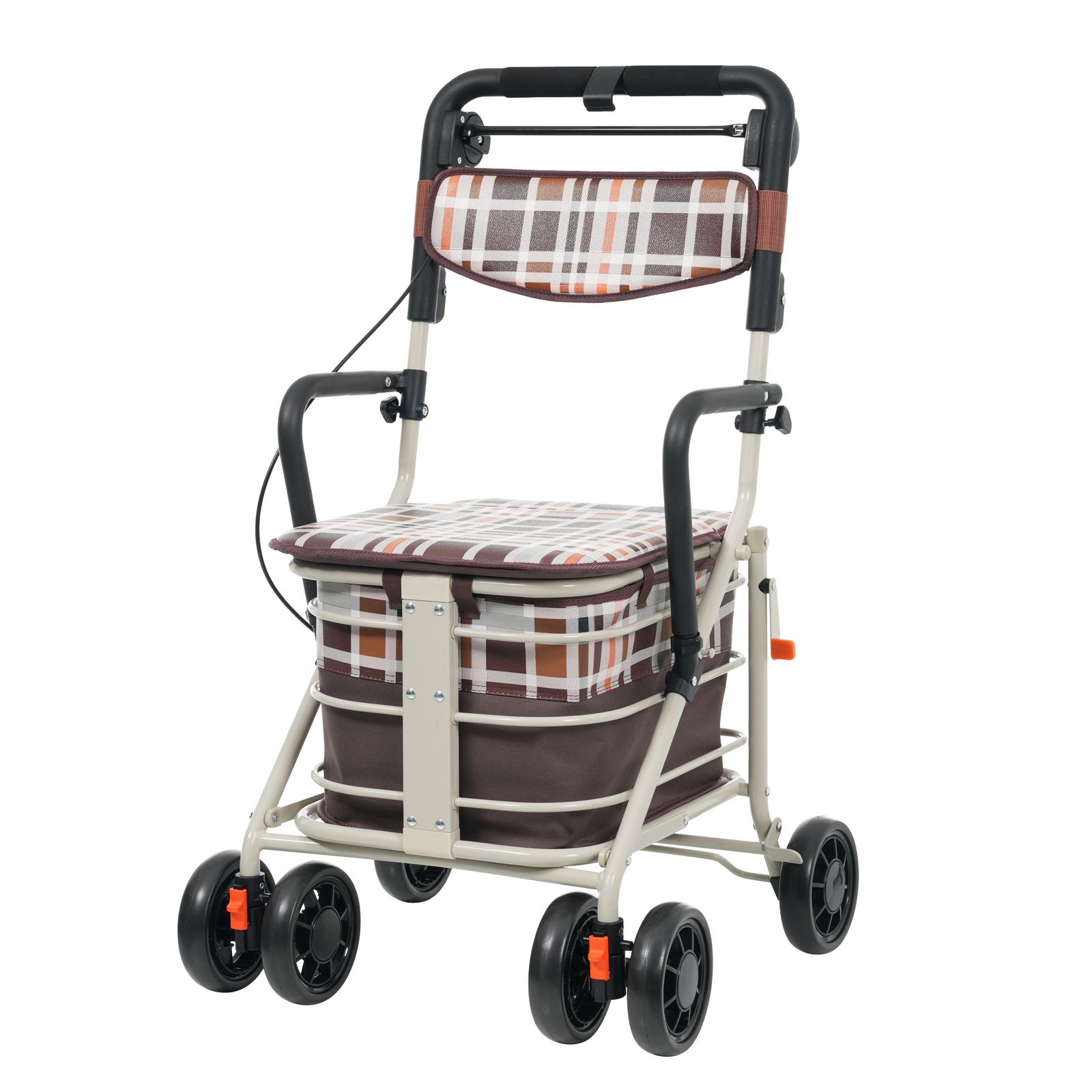 数量 歩行器 シルバーカー ひじ掛け付き 高さ調整 折りたたみ 四輪 キャスター付き 散歩 シニア 歩行補助 ブラウンチェック柄