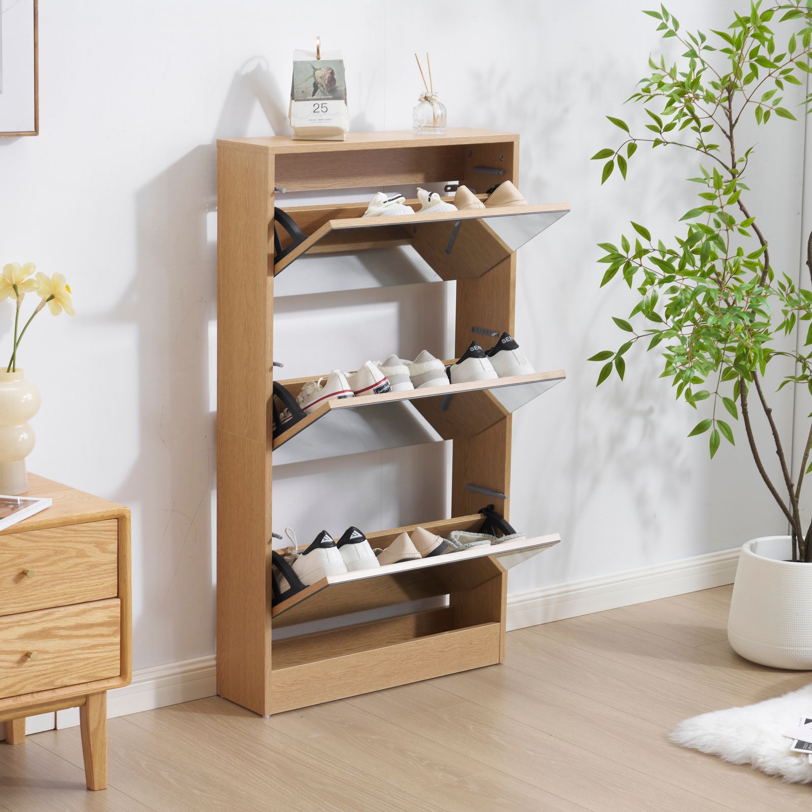 【新品】鏡付き3段シューズラック スリム玄関収納 倒れ防止 一人用 数量限定セール」 【鏡タイプ】下駄箱3段 シューズラック 玄関収納