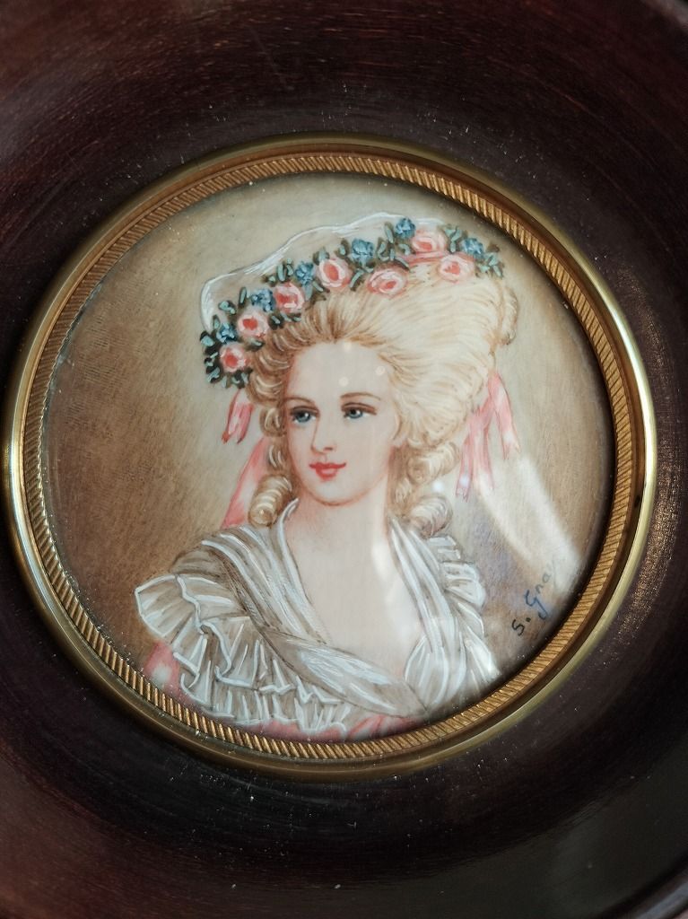 フランス アンティーク 貴婦人 肖像画 手書き絵つき 木製 小さい