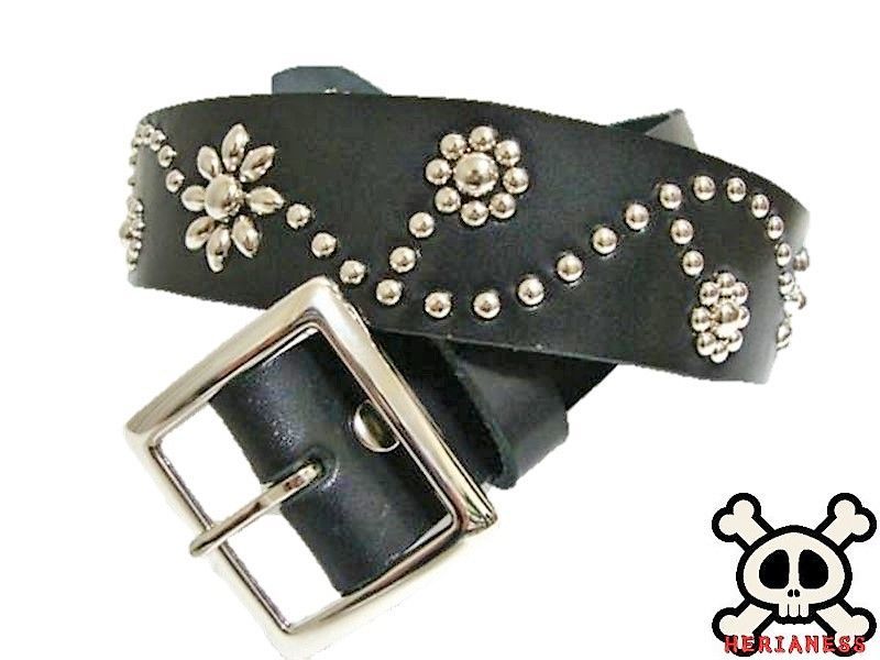 栃木レザー フラワー型スタッズベルト 黒 ニッケルオンリー ４０ｍｍ幅 一枚革
