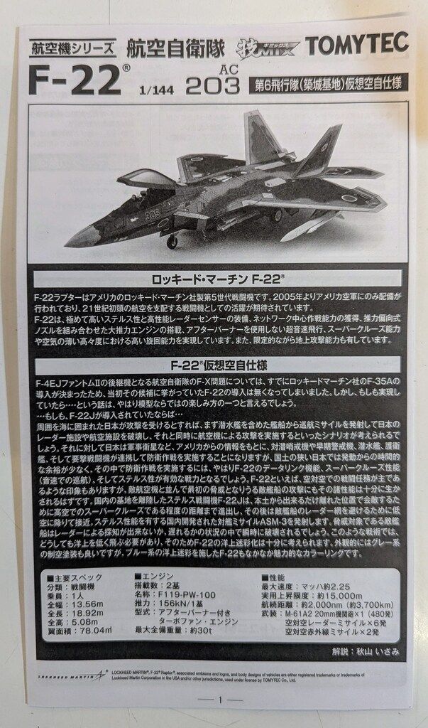 トミーテック 1/144 技MIX 航空機シリーズ 航空自衛隊 F-22 第6飛行隊