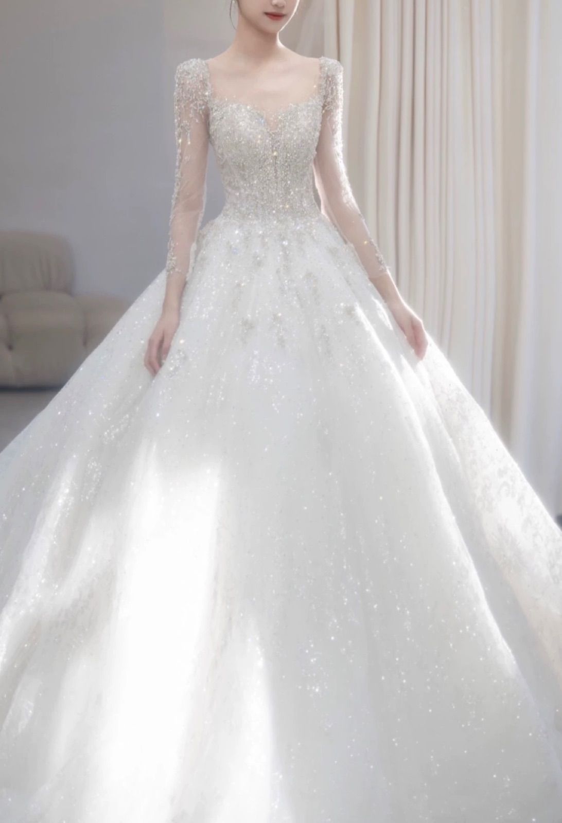 ウェディングドレス 韓国 リボン 結婚式 スパンコール ラメ グリッター 前撮り 二次会 レース刺繍