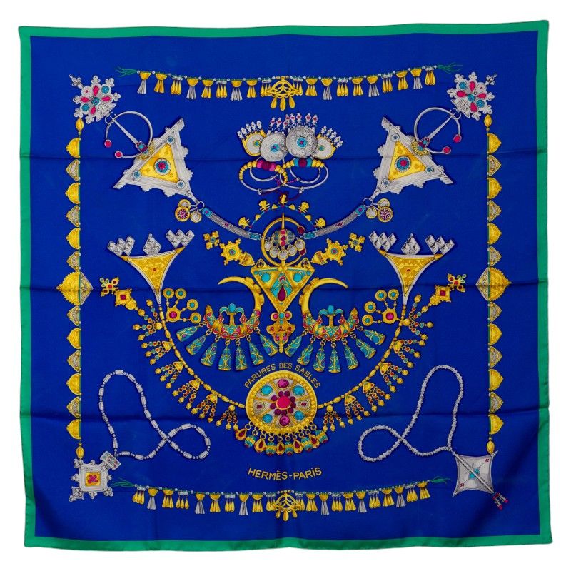 美品✨エルメス　カレ90　砂漠の革飾り　グリーン　ブルー エルメス カレ90 PARURES DES SABLES 砂漠のアクセサリー ブルー