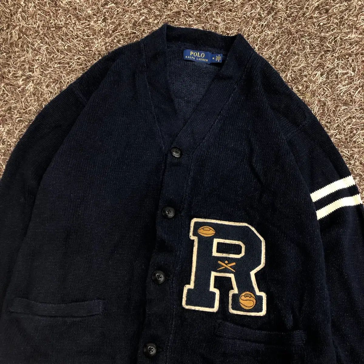 M ポロ ラルフローレン Rパッチ レターマン ネイビー カーディガン
