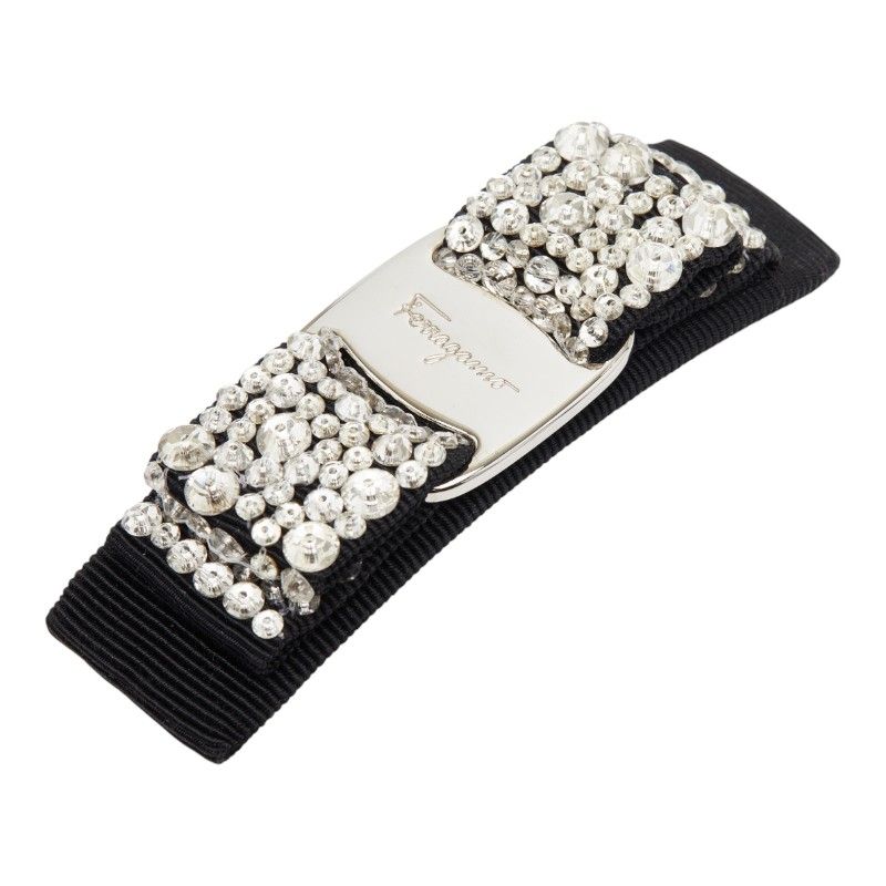 サルヴァトーレフェラガモ ヴァラリボン ビジュー バレッタ ヘア ブラック シルバー キャンバス レディース Salvatore Ferragamo 1 0245268