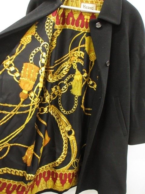 ヘルノ HERNO ウール カシミヤ コート 裏地シルク スカーフ柄 ブラック