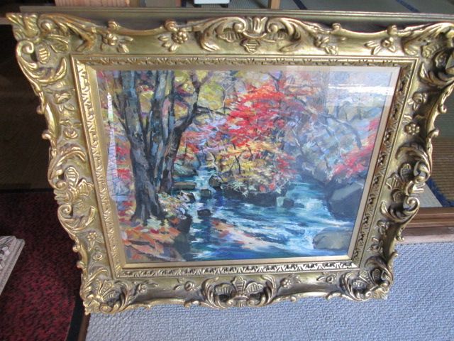 サイン入り 油彩風 風景画 額装 ゴールドフレーム 秋景色 絵画 インテリア