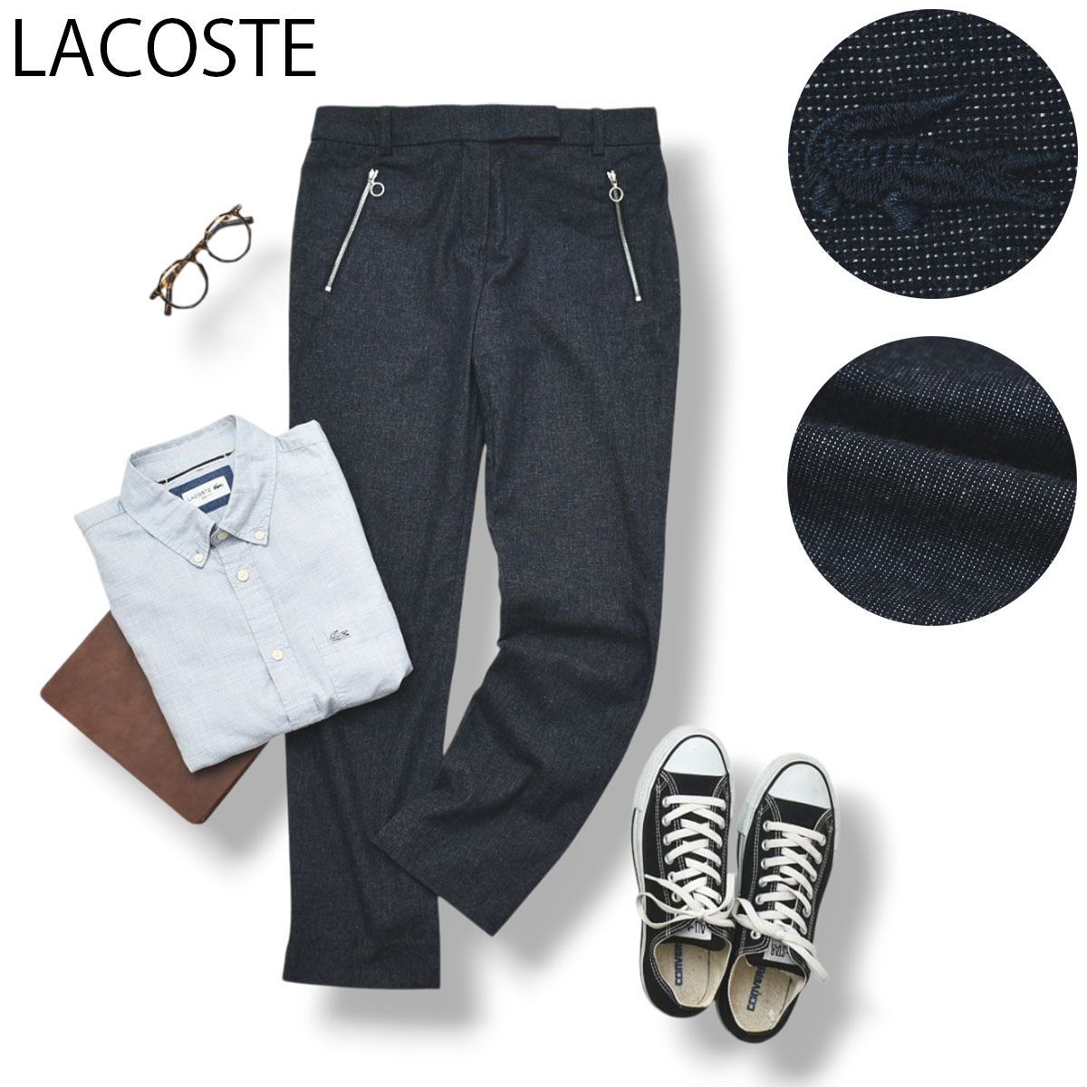 ワニロゴ ラコステ LACOSTE スリム テーパード アンクル ウール ツイード パンツ 36 ネイビー レディース 女性用 トラッド