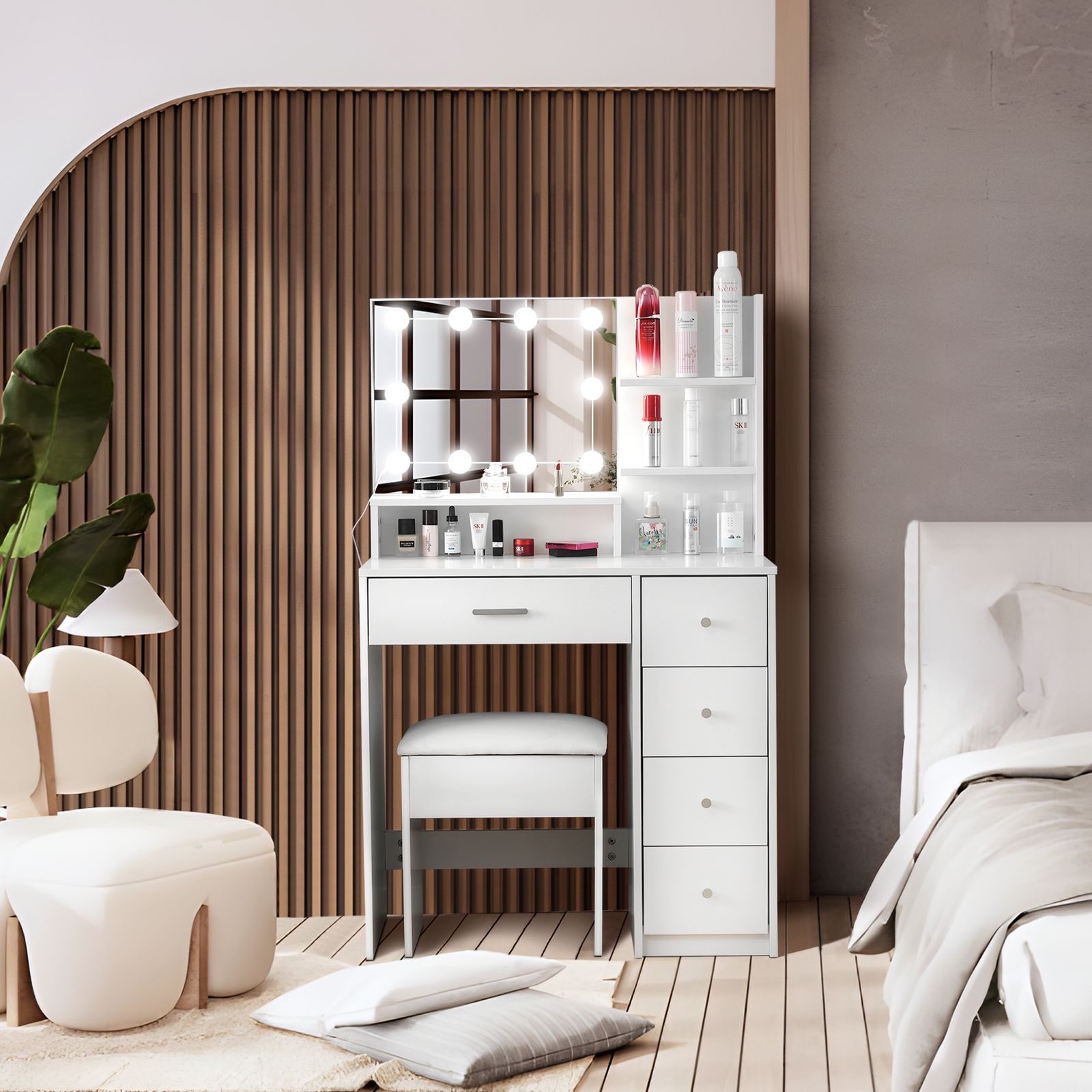 数量 ドレッサー化粧台 テーブル 鏡台 LEDライト付き スツール付き 引き出し 収納 サイド収納 メイク台 シンプル 大容量 原