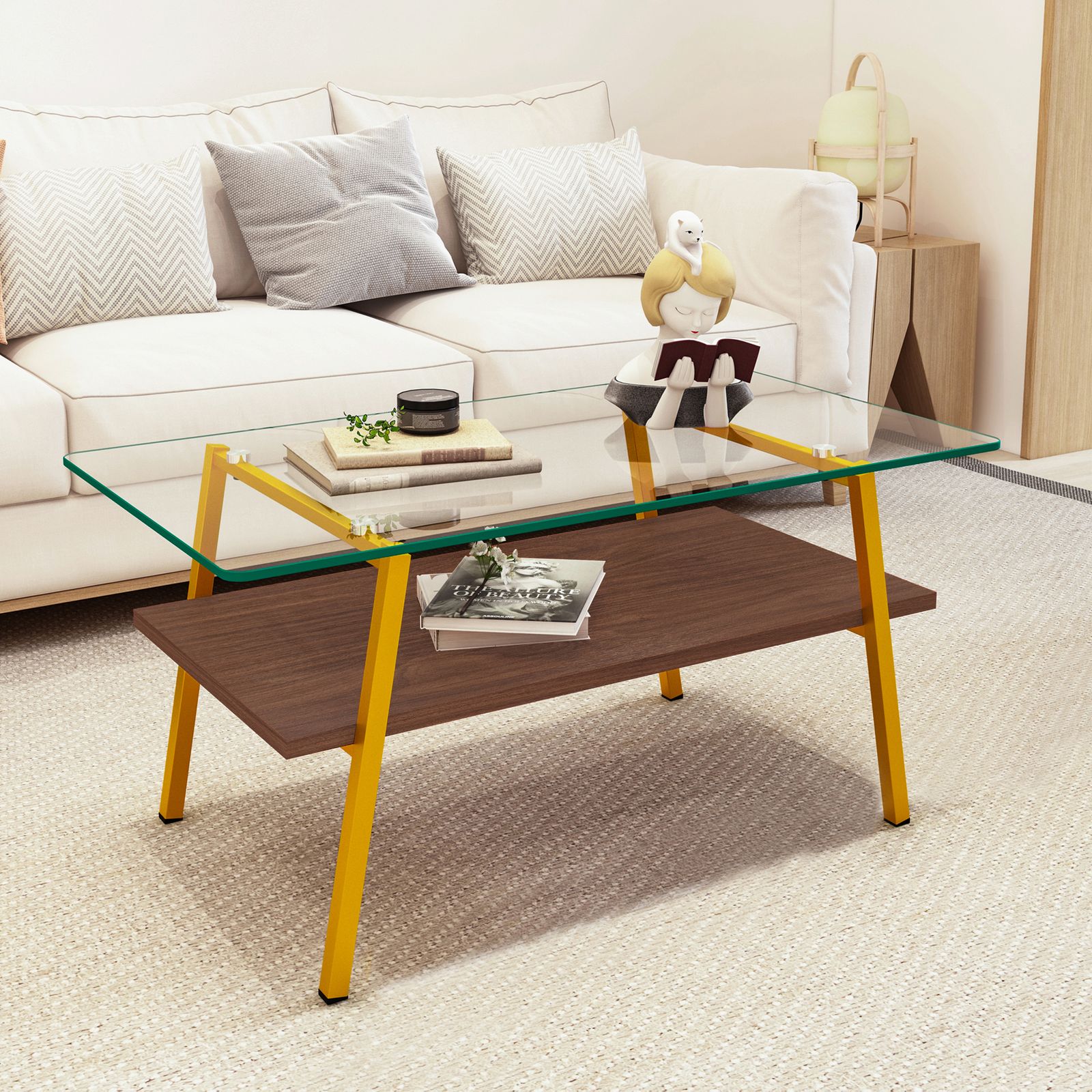 モダン長方形コーヒーテーブル 強化ガラス天板 幅88*奥行47*高44cm 数量限定セール」 モダン長方形コーヒーテーブル 強化ガラス天板 + MDF