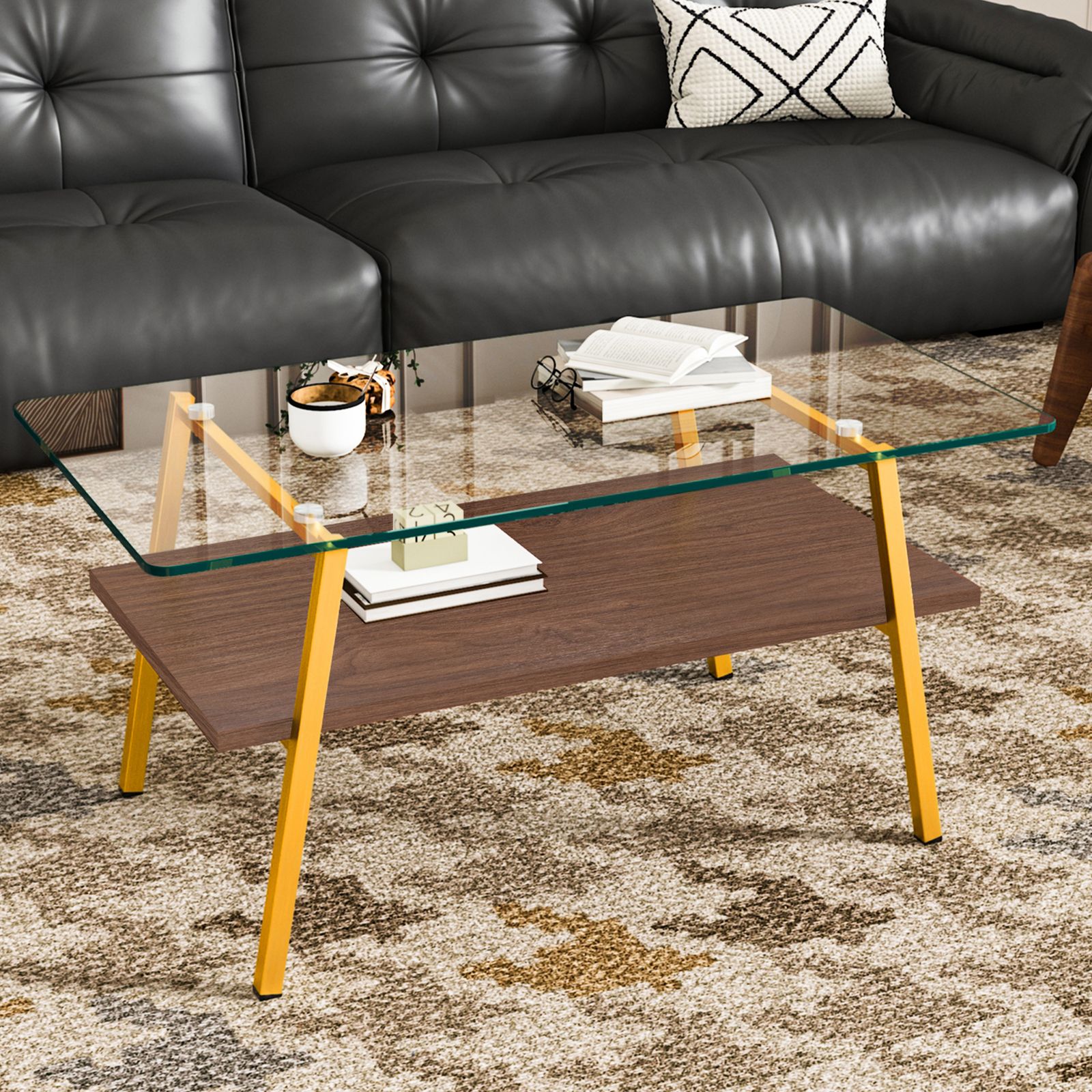 数量限定セール」 モダン長方形コーヒーテーブル 強化ガラス天板 + MDF