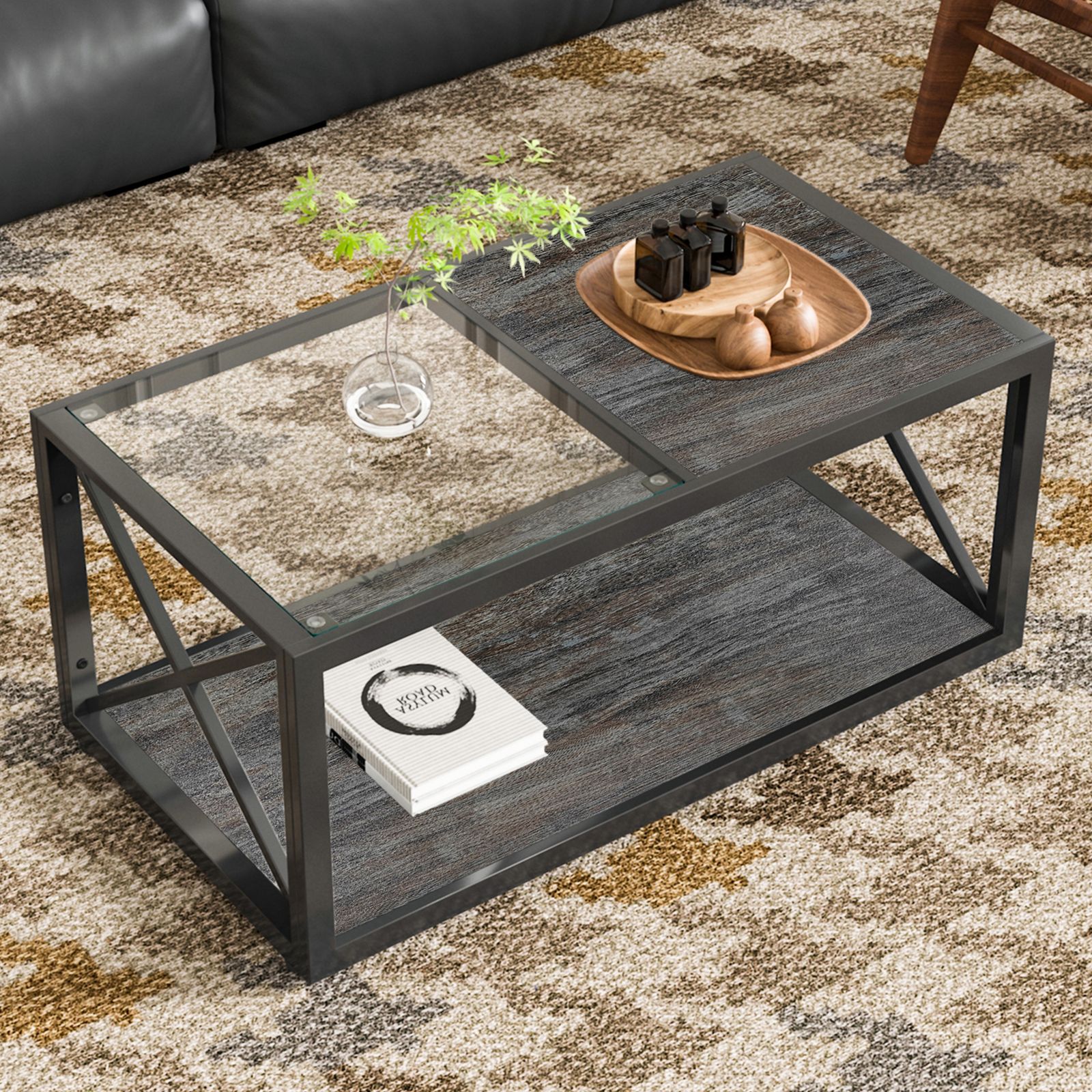 数量限定セール」 長方形コーヒーテーブル リビング用 強化ガラス天板