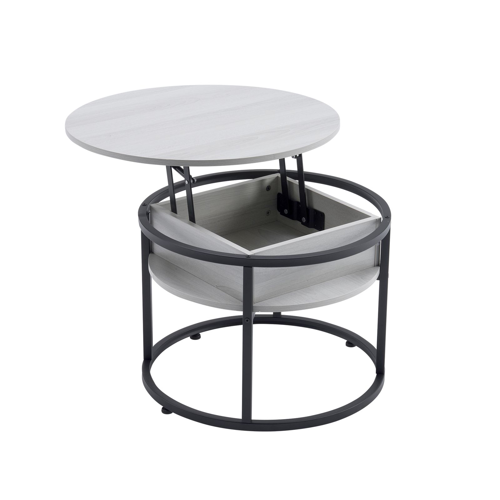 「数量限定セール」 昇降式テーブル センターテーブル 円形 大容量収納 木目調 コーヒーテーブル ローテーブル 隠し収納スペース 北欧 モダン 昇降テーブル スチール脚【グレー（ブラック