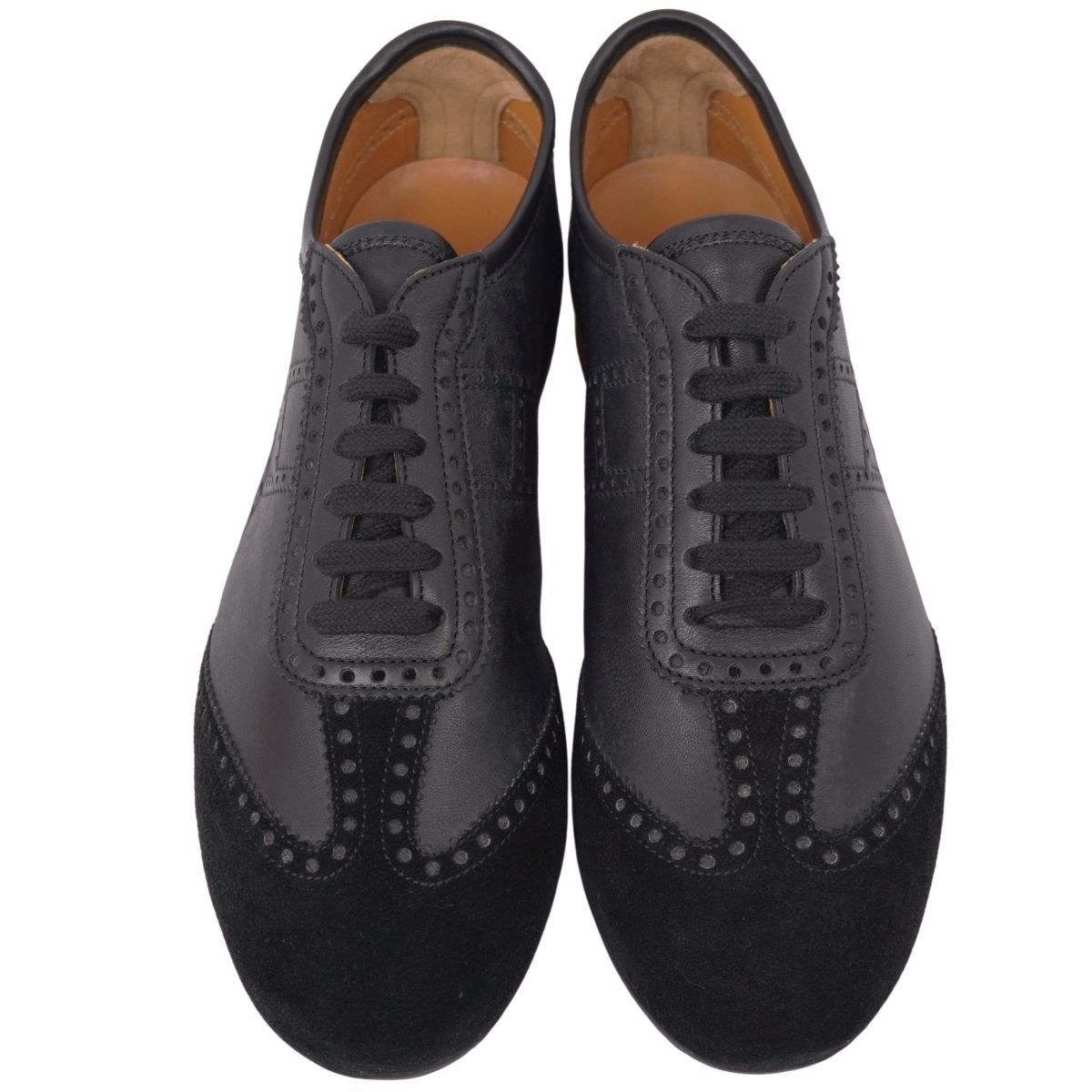 美品 エルメス Hロゴ レザー レースアップシューズ パンチング 黒 36.5 エルメス レースアップシューズ レディース36 ブラック カーフ