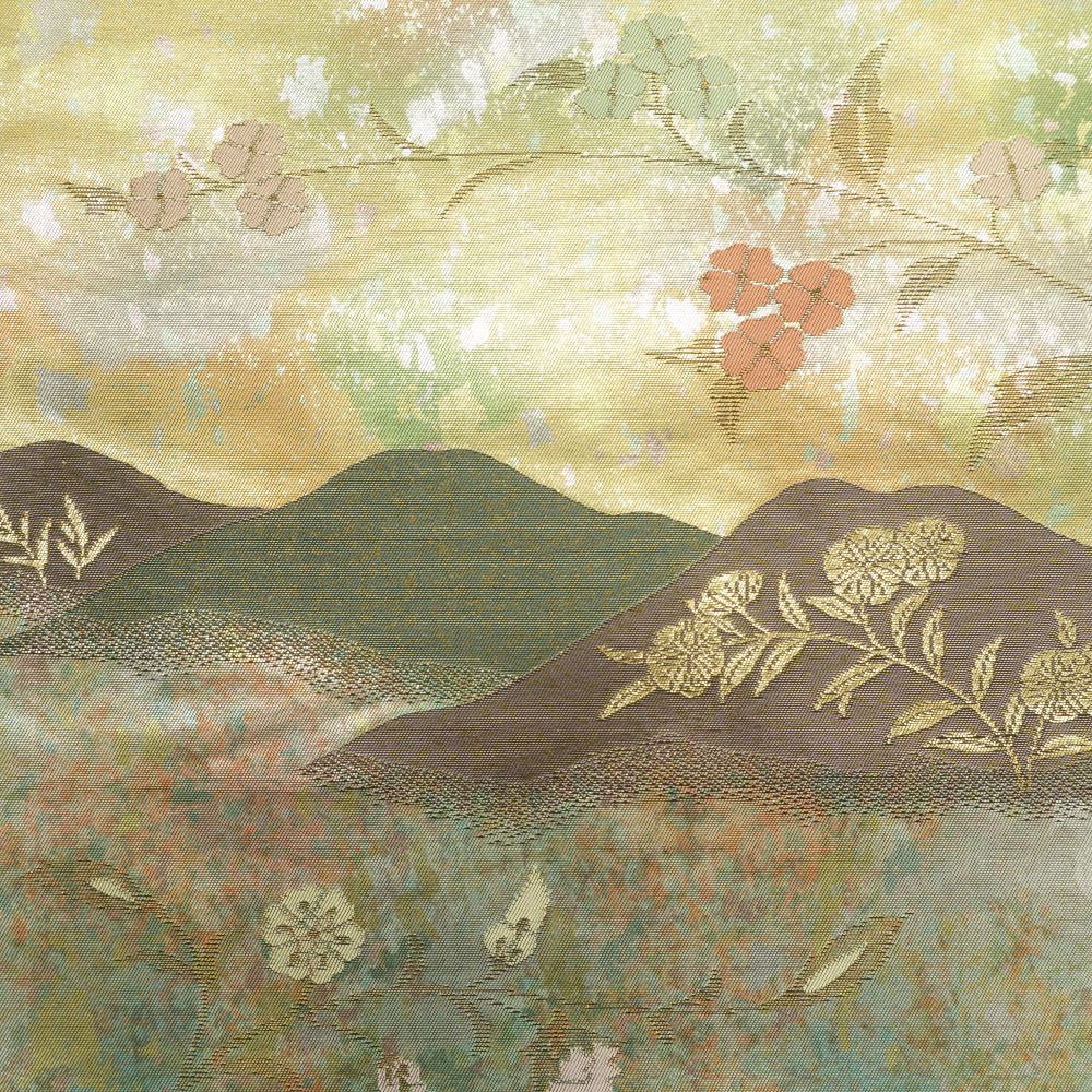 袋帯 綴れ 金糸銀糸 雲取り模様 緑色x金色x銀色 お太鼓柄 正絹