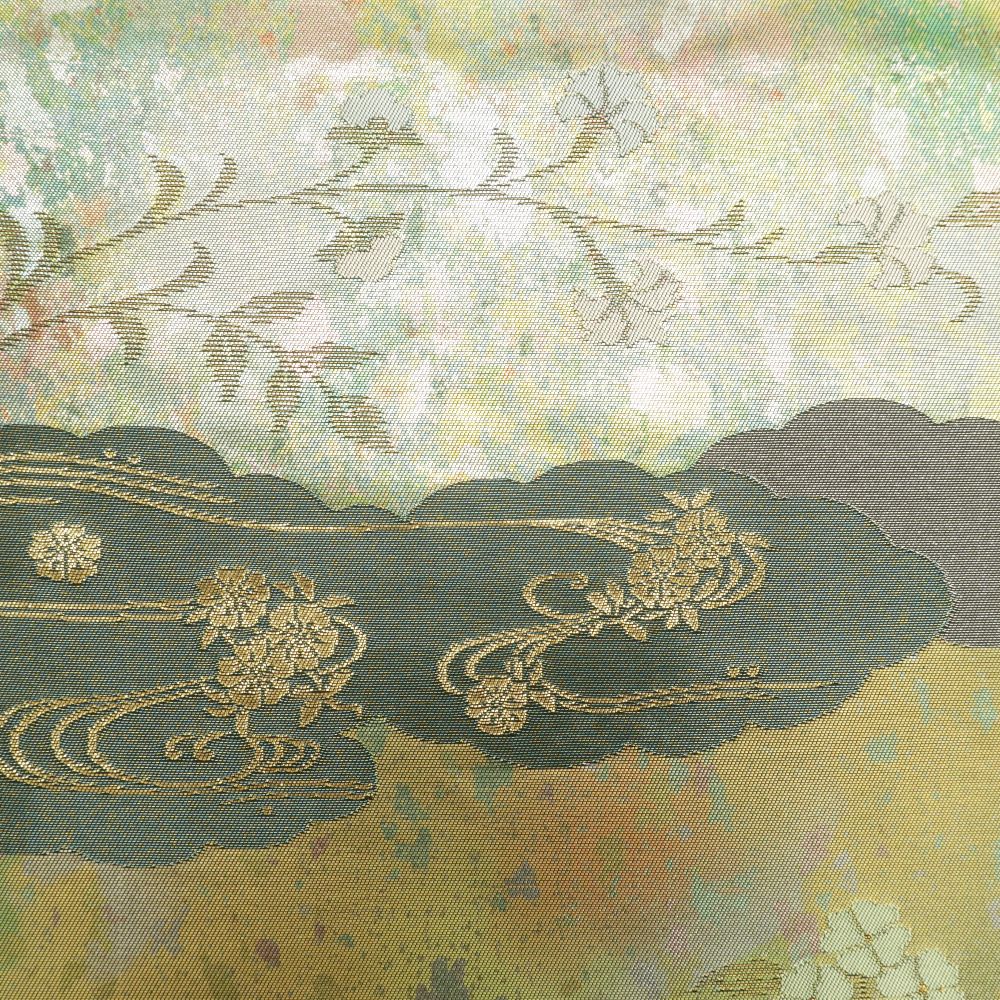 袋帯 綴れ 金糸銀糸 雲取り模様 緑色x金色x銀色 お太鼓柄 正絹 仕立て