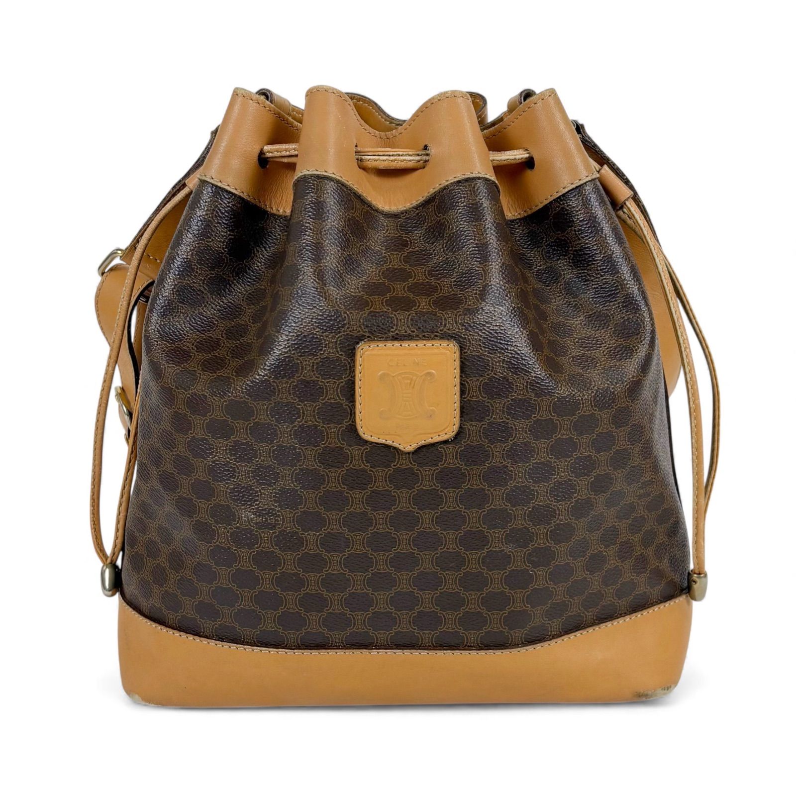 瑠衣　　CELINE マカダム　巾着ポーチ セリーヌ CELINE 巾着型 ショルダーバッグ ポーチ付き ブラウン