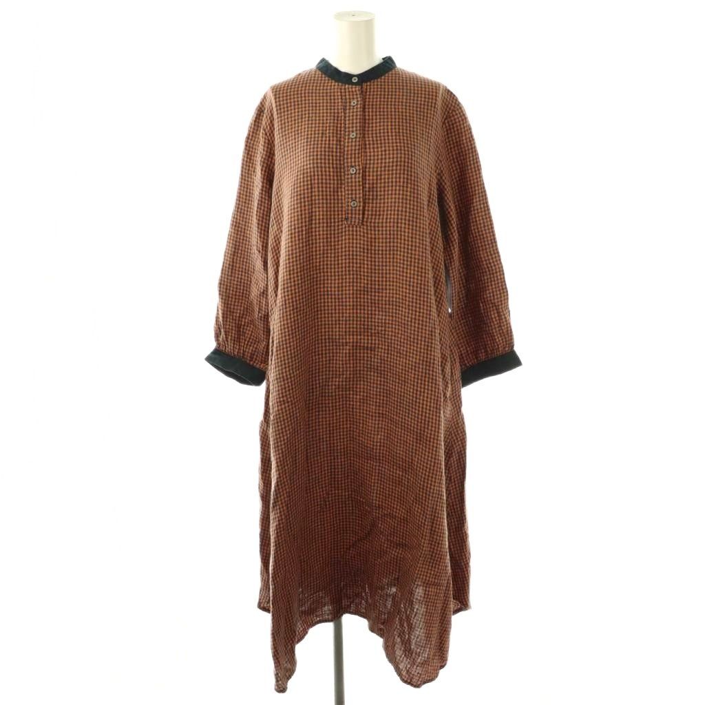 【中古】フォグリネンワーク fog linen work キャロラインワンピース ミニー 長袖 ロング リネン オレンジ 紺 フォグリネンワーク fog linen work キャロラインワンピース ミニー