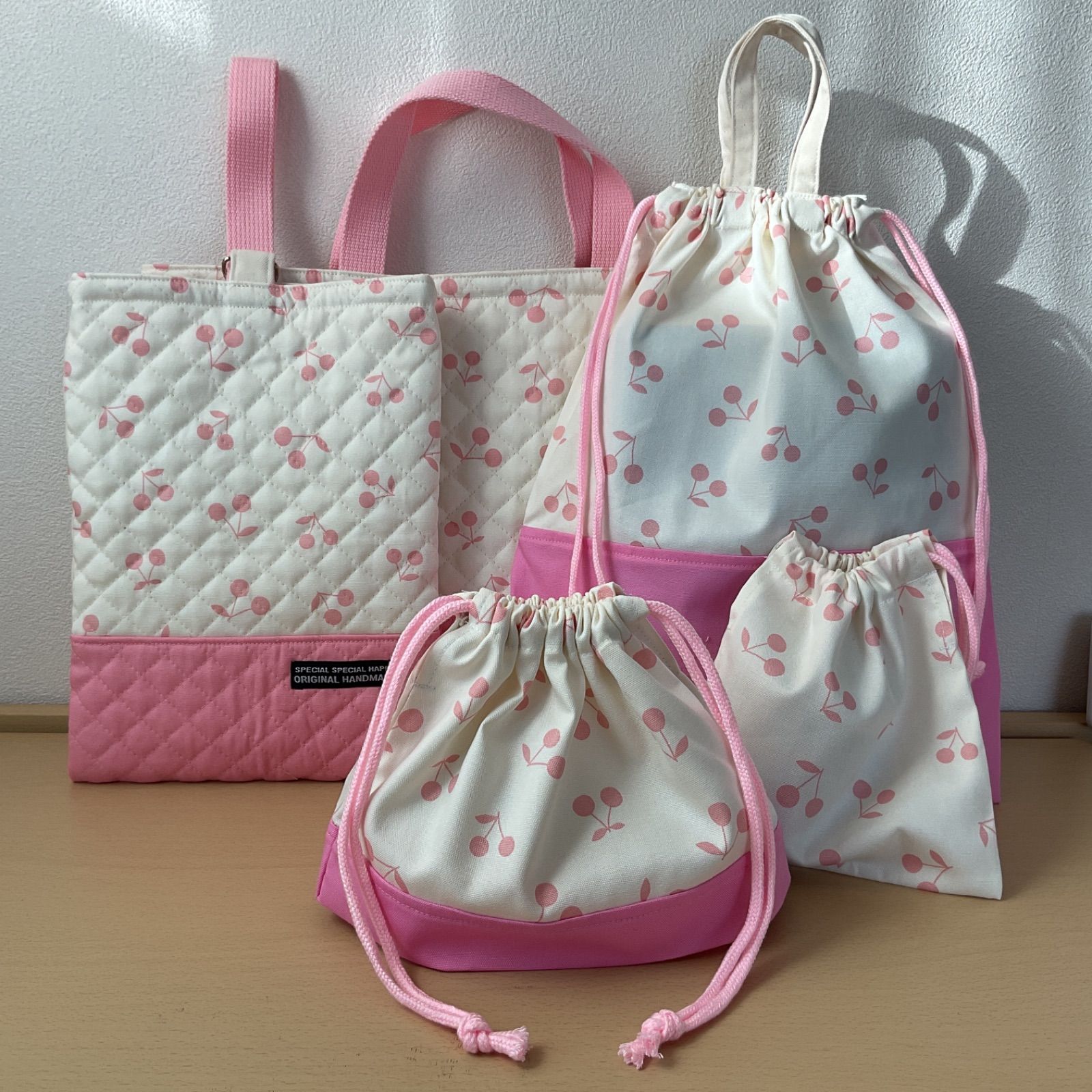 入園入学5点セット ハンドメイド女の子 さくらんぼ レッスンバッグ