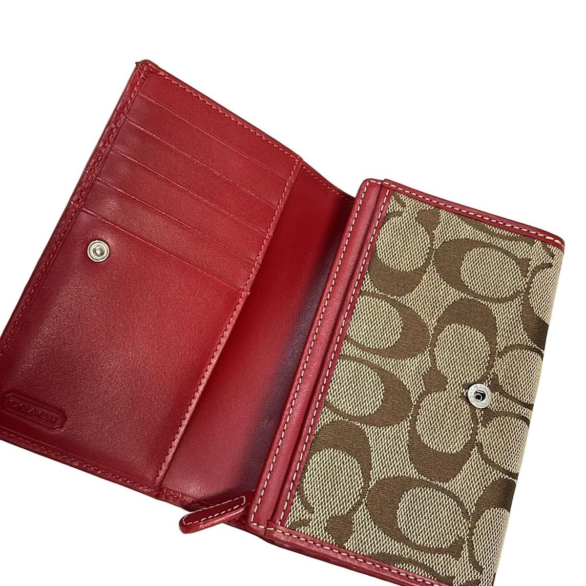 COACH(コーチ) 2つ折り財布 シグネチャー柄 カーキ×レッド レザー