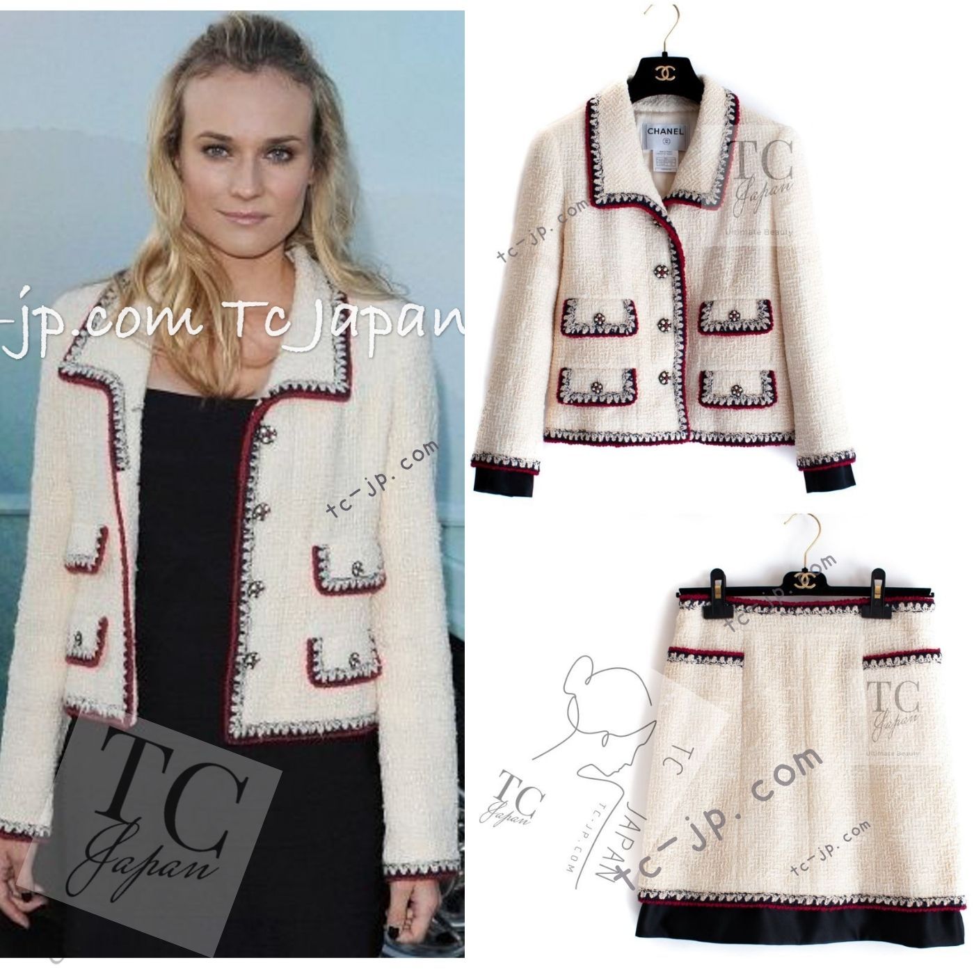 シャネル ジャケット スーツ CHANEL クリーム アイボリー ウール