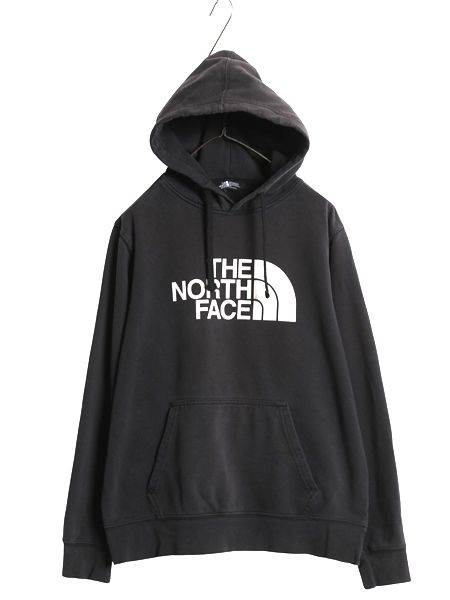 【お得なクーポン配布中!】 ノースフェイス プリント スウェット フード パーカー メンズ М 古着 裏起毛 プルオーバー トレーナー アウトドア シンプル 薄手 ブラック