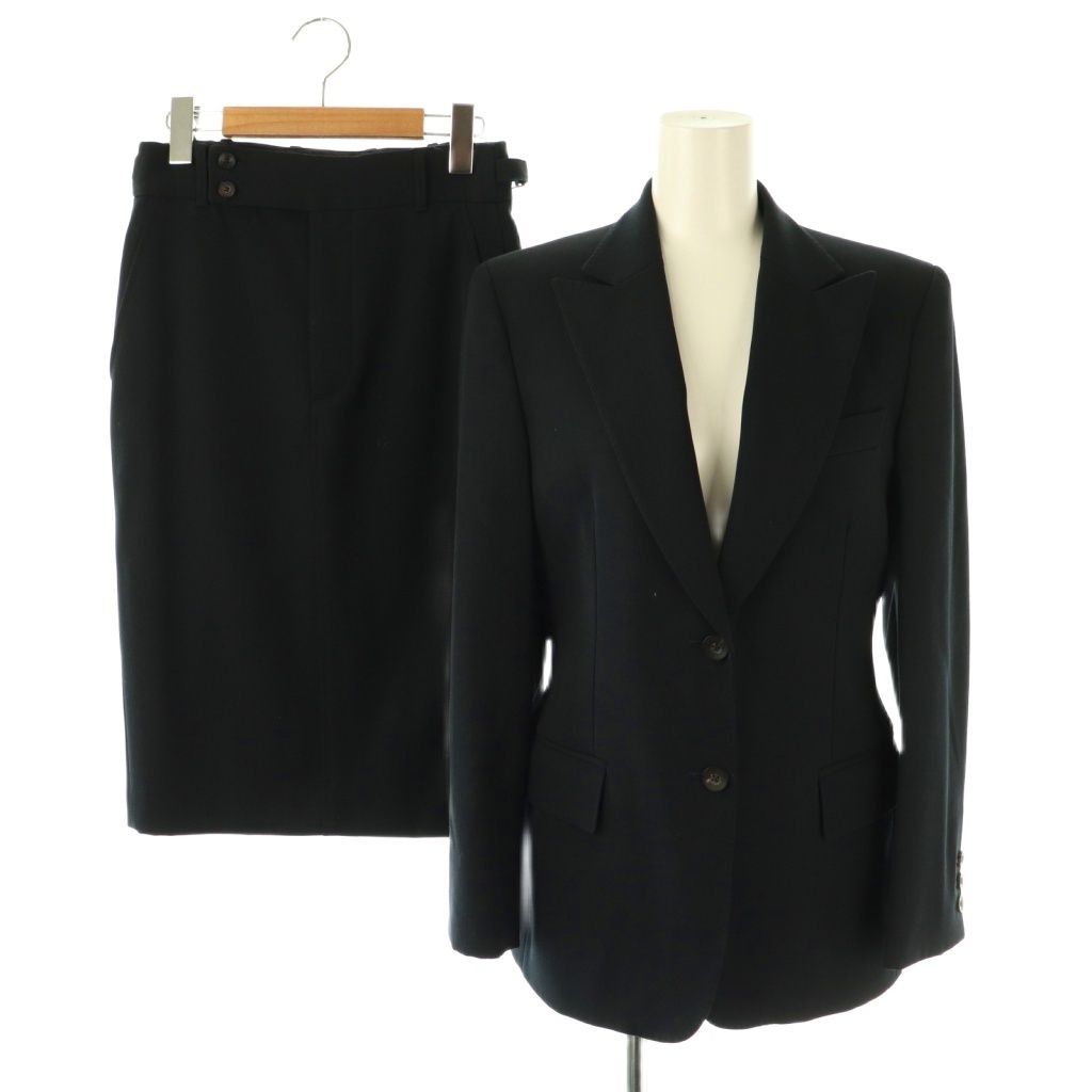 グッチ GUCCI スーツセットアップ 上下 テーラードジャケット タイトスカート ミモレ ロング ボタンフライ ウール 38 濃紺 NR OS