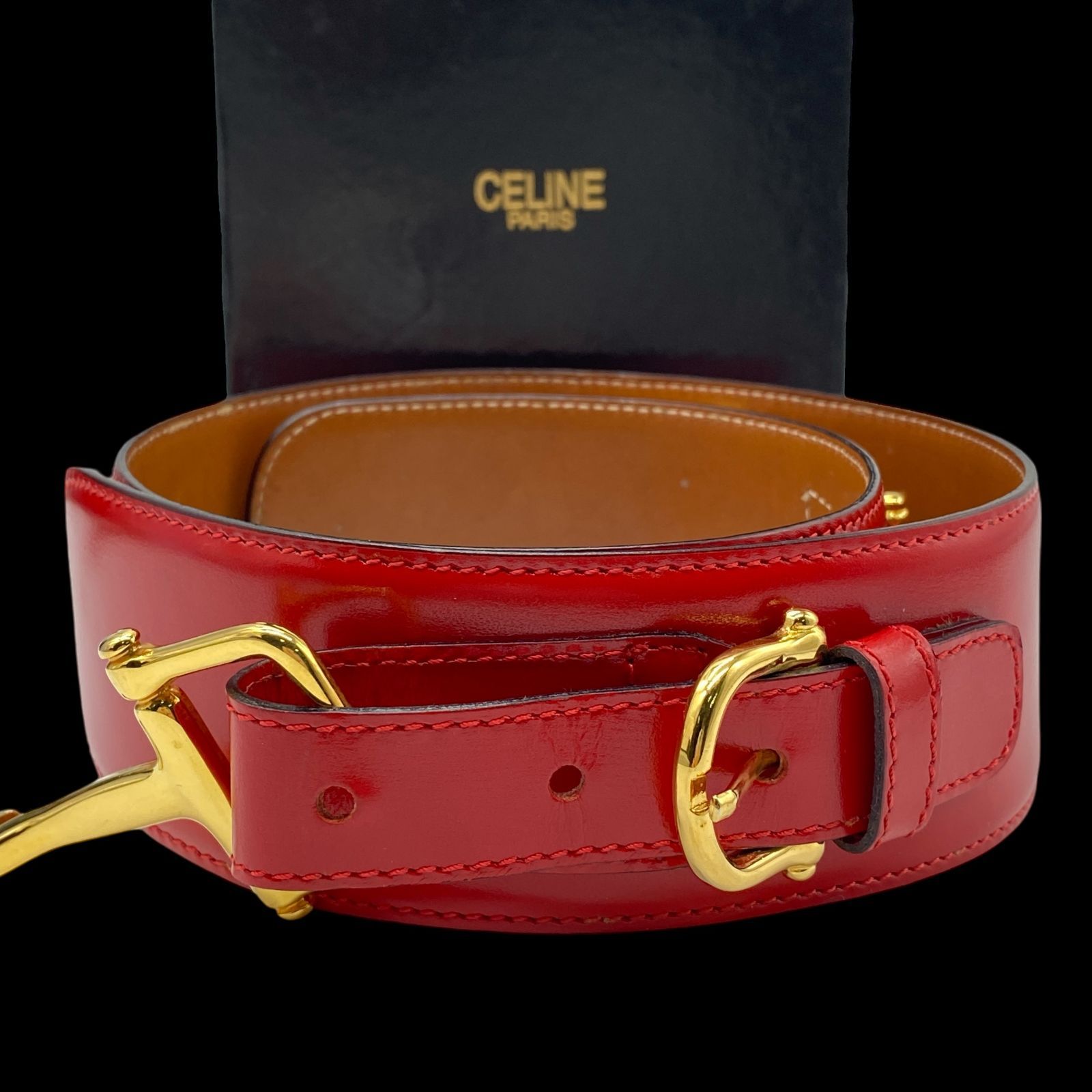 希少 CELINE セリーヌ ホースビット金具 レザーベルト 70 レッド 本革