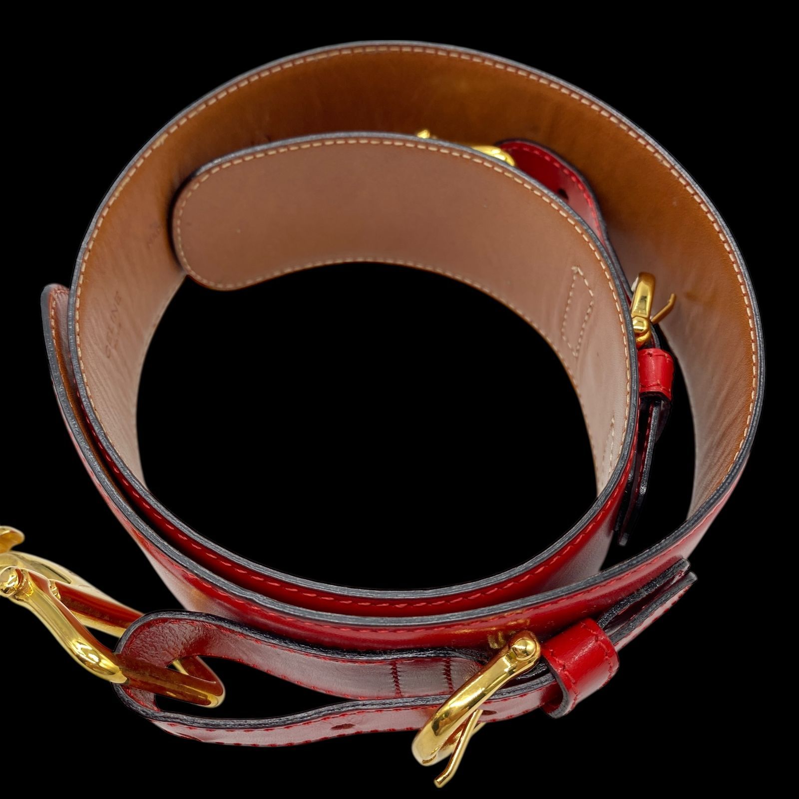 希少 CELINE セリーヌ ホースビット金具 レザーベルト 70 レッド 本革