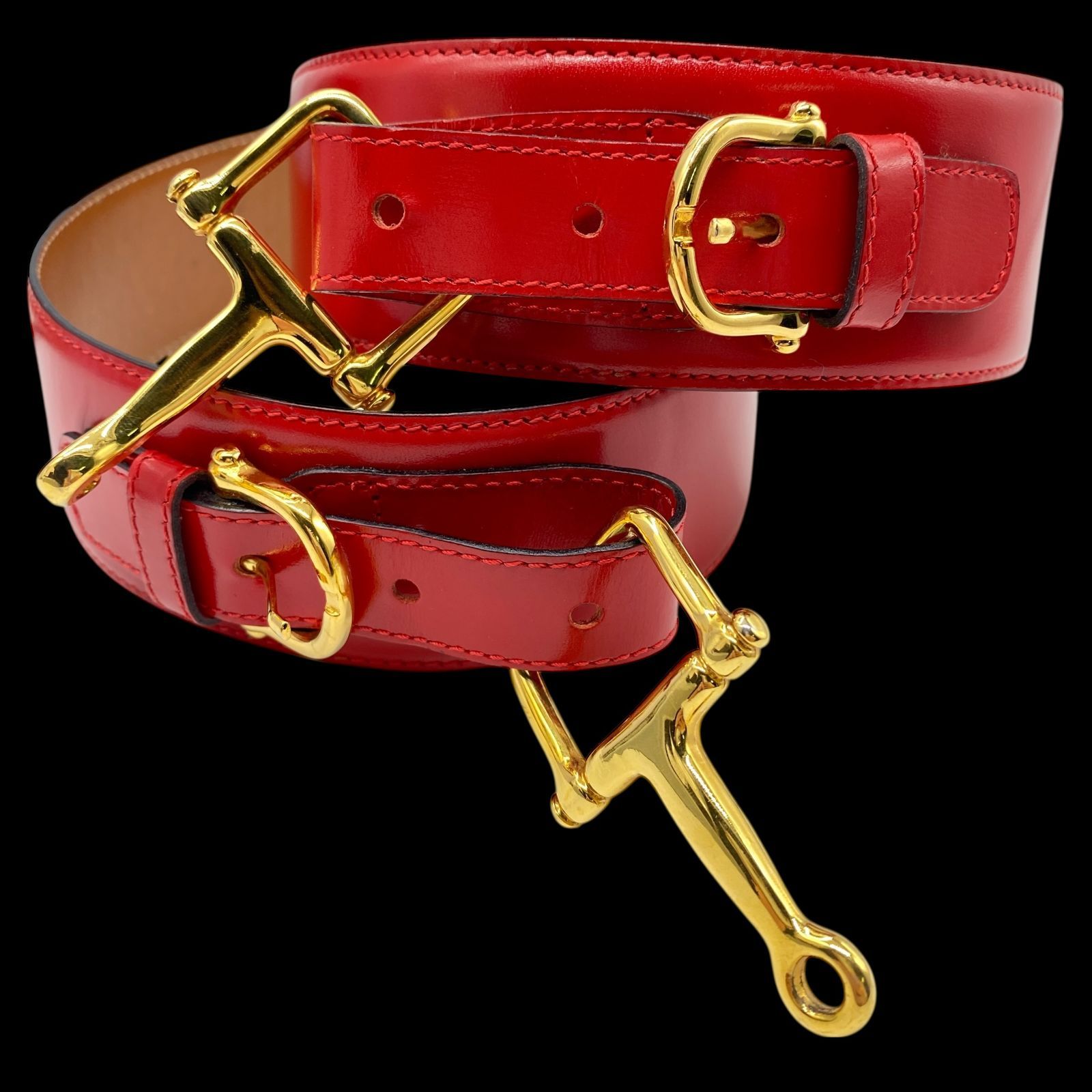 希少 CELINE セリーヌ ホースビット金具 レザーベルト 70 レッド 本革