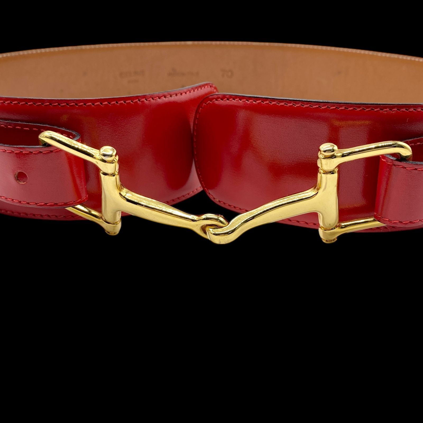 希少 CELINE セリーヌ ホースビット金具 レザーベルト 70 レッド 本革