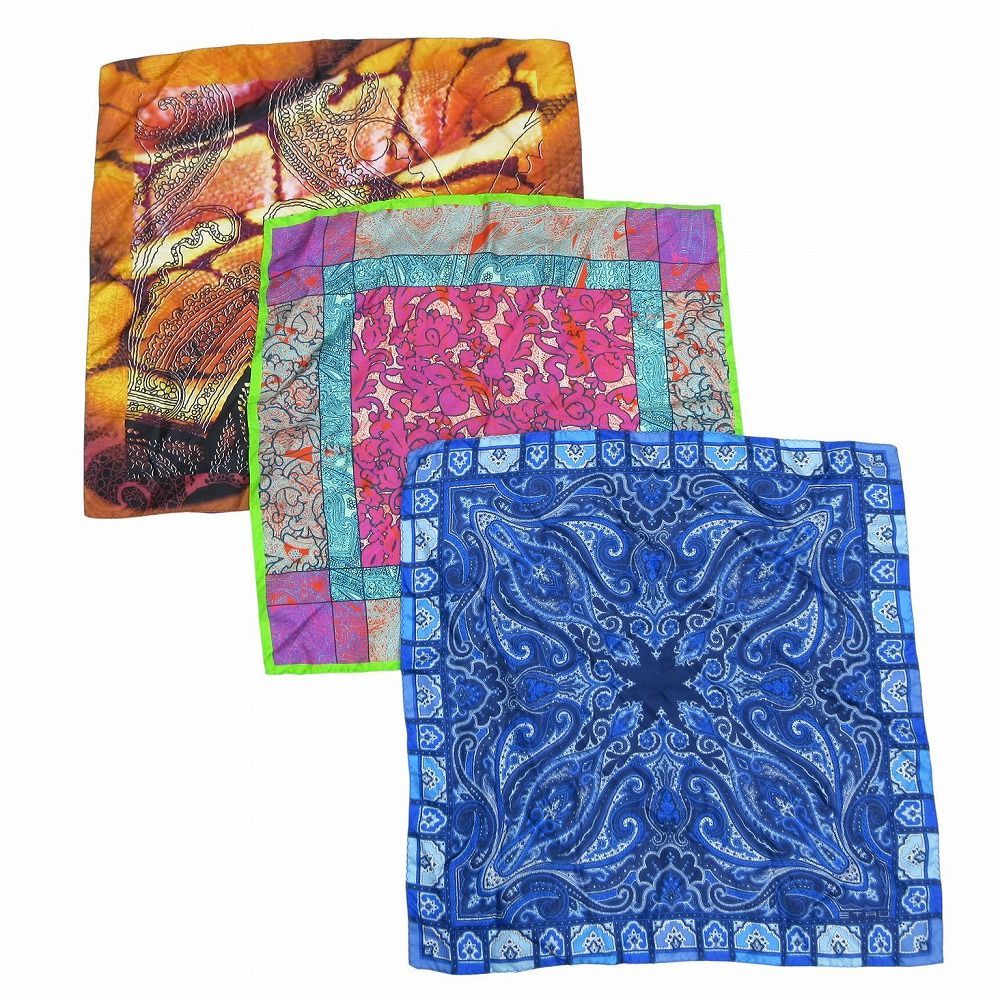 ETRO エトロ ポケットチーフ ハンカチ スカーフ 3点セット 総柄 ペイズリー柄 シルク100％ マルチ メンズ レディース