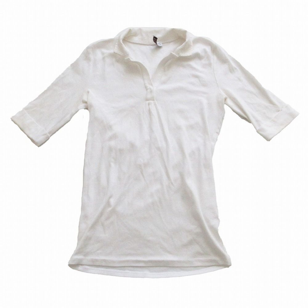 ブルネロクチネリ リブニット オープン ポロシャツ 5分袖 ホワイト S レディース