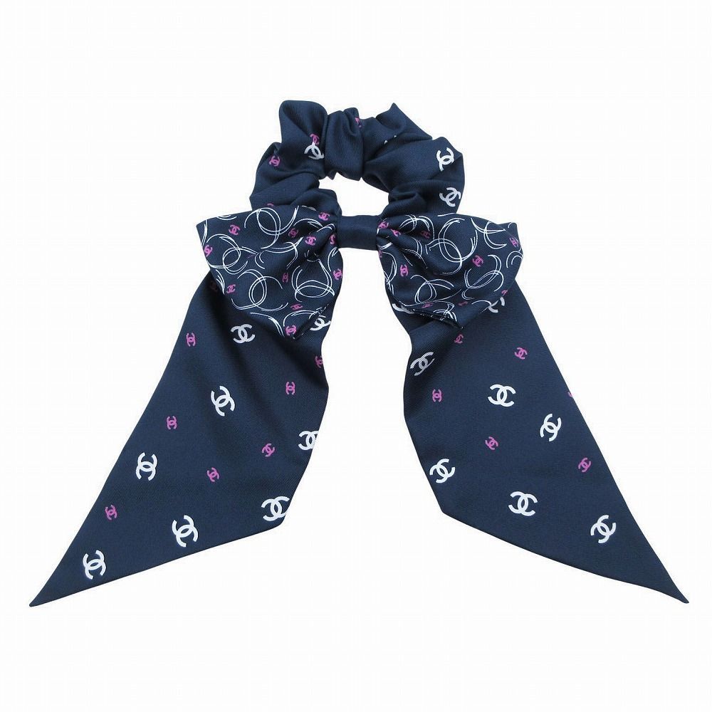 シャネル CHANEL ヘア ネイビー ホワイト ピンク ココマーク リボン シュシュ ヘアゴム 23 B AA 9376 TNT