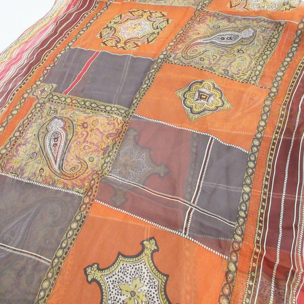 ETRO エトロ シルク100% ペイズリー柄 ストール オレンジ サイズ65