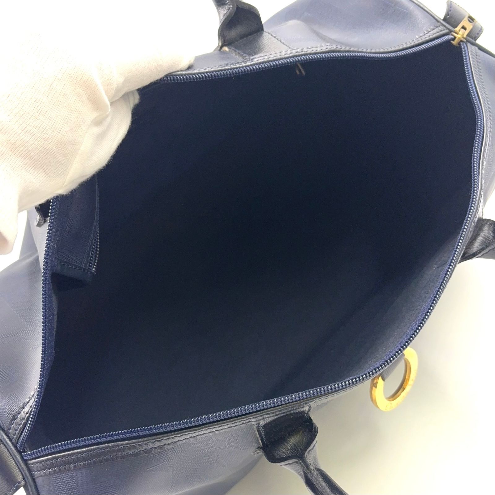 Christian Dior トロッター レザー×PVC ネイビー×ブラック ボストン