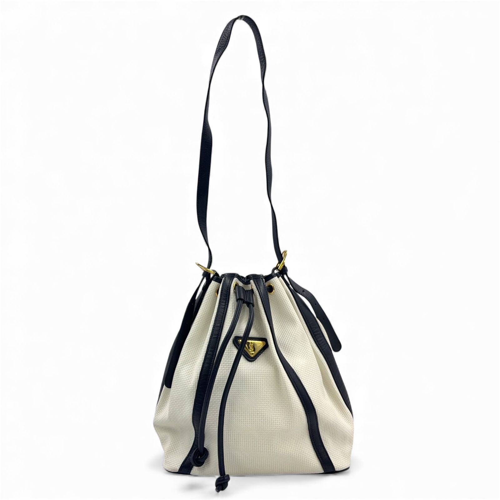 SAINT LAURENT PARIS ドローストリング レザー×PVC ネイビー×ホワイト ワンショルダーバッグ ゴールド