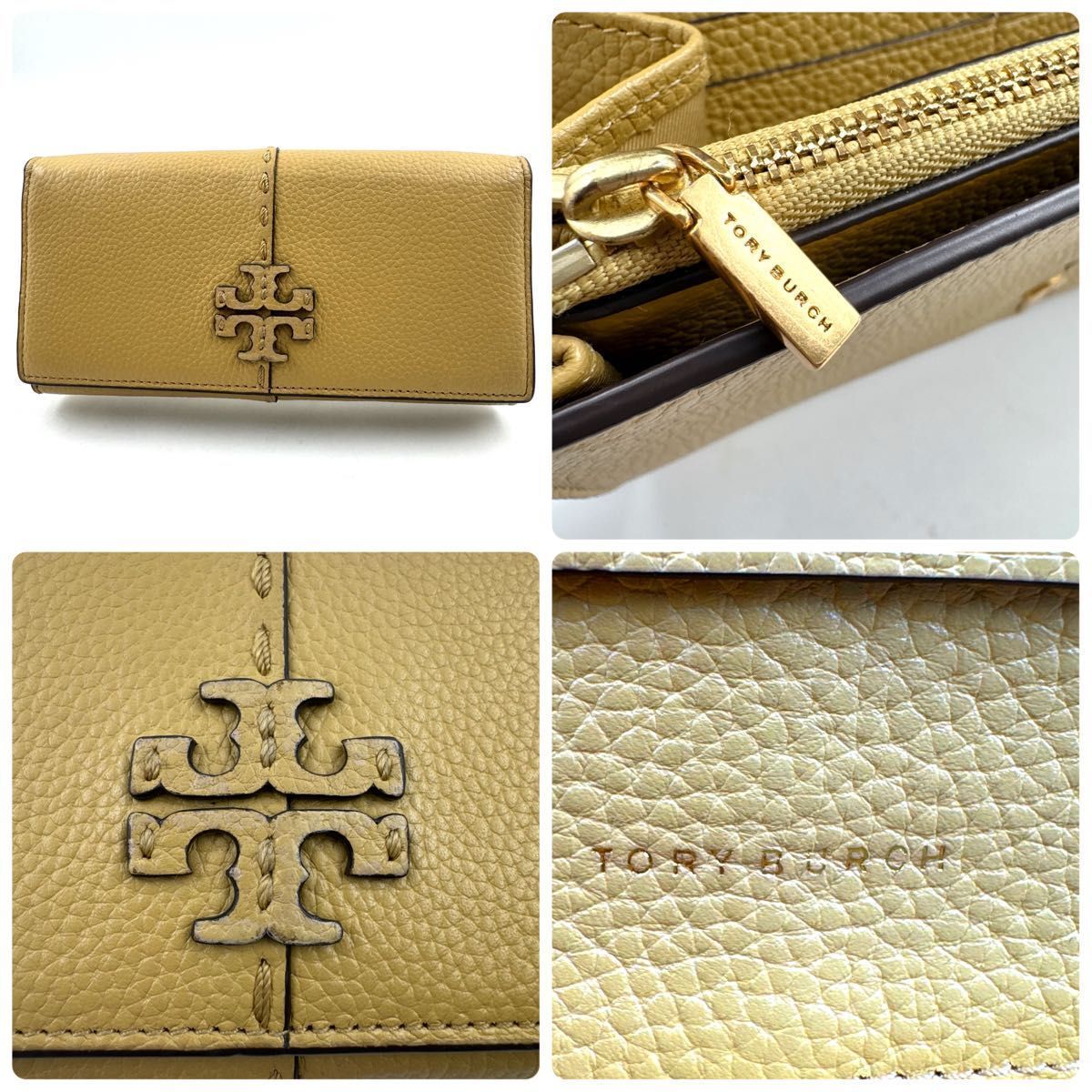 ✨極美品✨トリーバーチ　マックグロー　二つ折り　長財布　レザー　シボ革　イエロー ✨極美品✨TORY BURCH トリーバーチ マックグロー 二つ折り 長財布