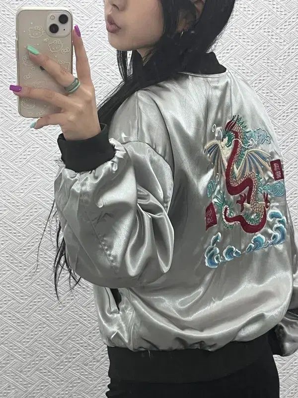 ヴィンテージ 日本風 スカジャン サテン スタジャン L C07177