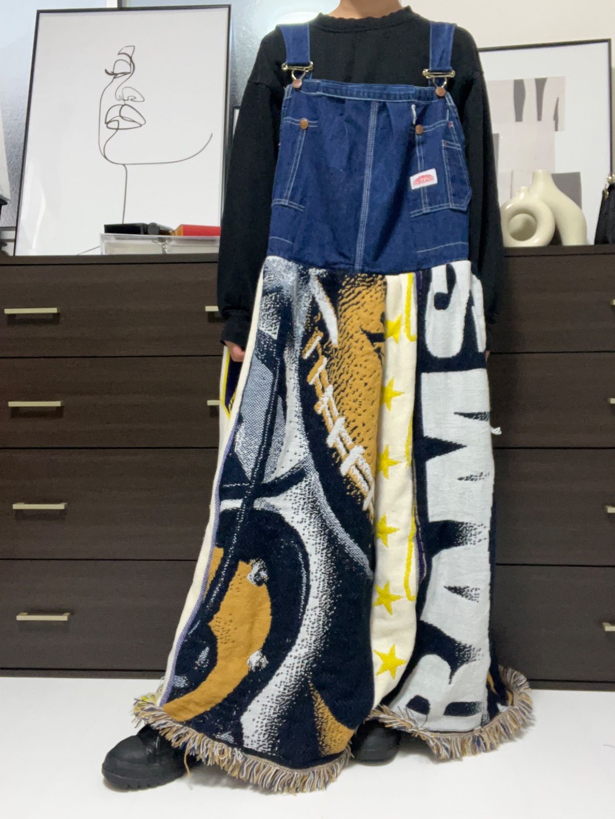 ﾘﾒｲｸ古着 remakeーﾄﾞｯｷﾝｸﾞﾜﾝﾋﾟｰｽ ラグ オーバーオール デニム 黄色 黒