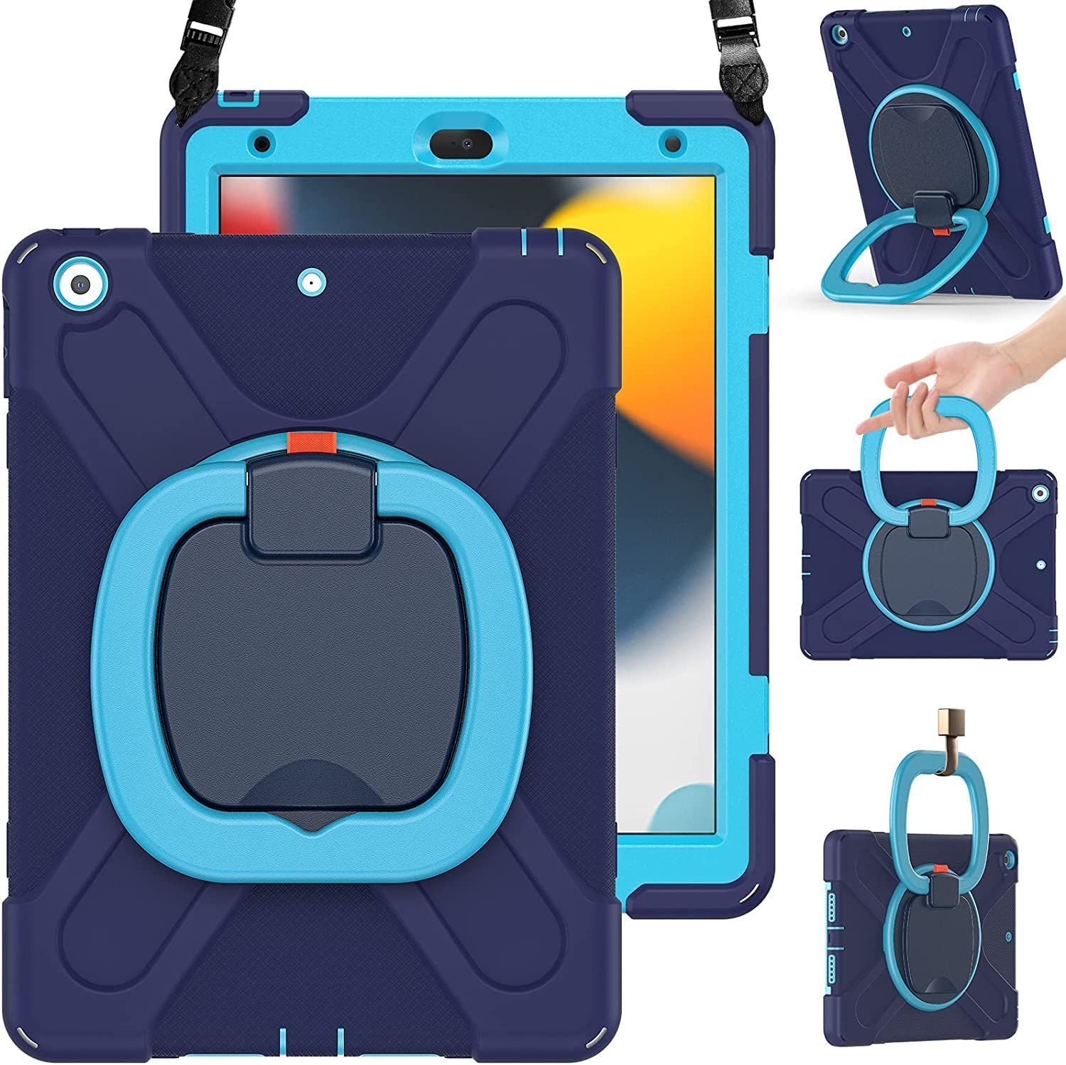 【即日発送】ネイビー+ブルー) (10.2インチ) (iPad9/iPad8/iPad7 仕事用 子供 アウトドア 落下防止 調節可能ハンドストラップと肩掛けー付き ペンシル収納 ケース ケース iPad7 iPad8 iPad9 10.2 アイパッ